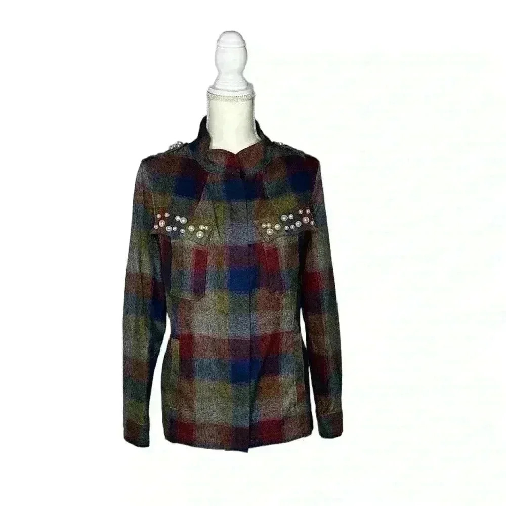 Cabi Women's Plaid Collage Embellished Full Zip Jacket Size S